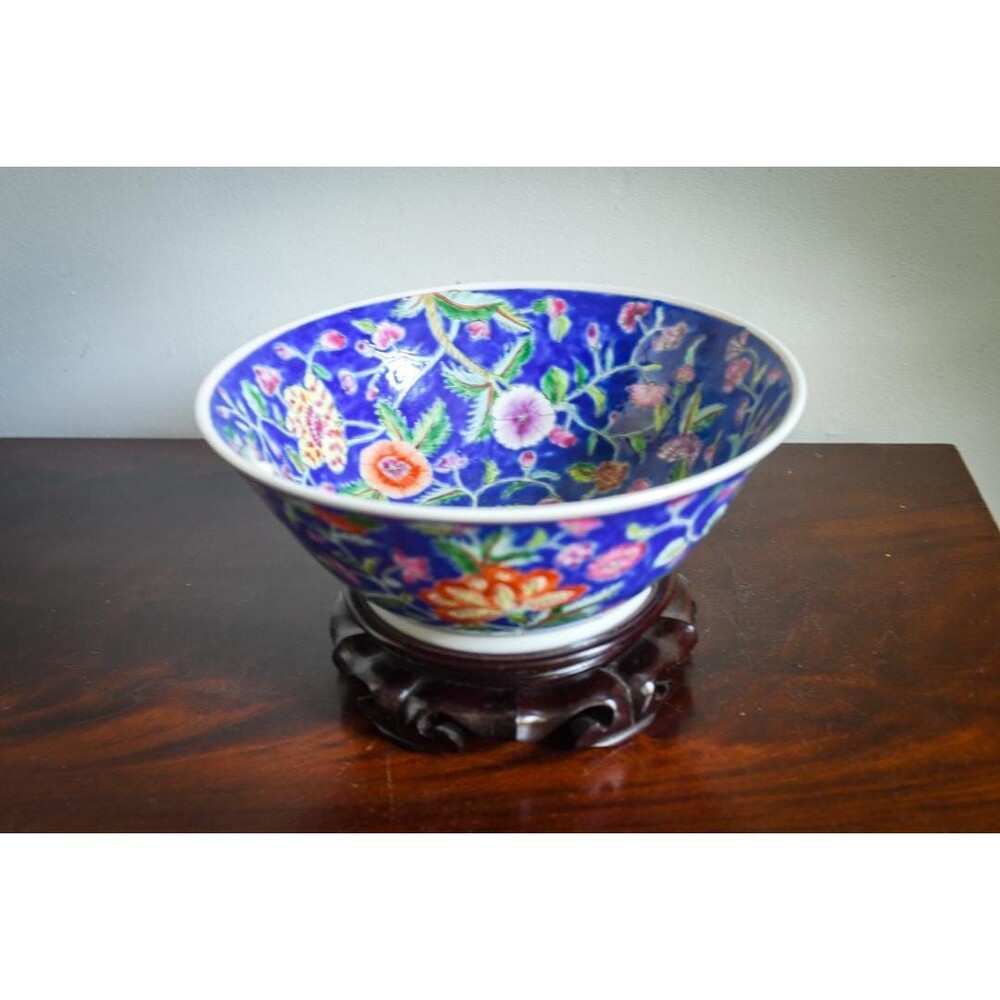 Vintage Chinese Blue Ground Rose Medallion Bowl with Rosewood Stand Hand Painted